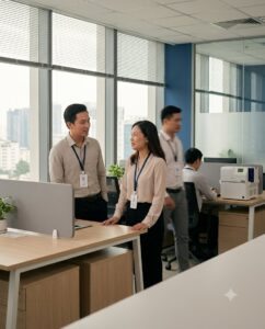 Nhân viên văn phòng đeo thẻ nhân viên in bằng máy in thẻ nhựa