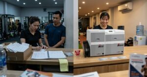 In thẻ thành viên tại quầy phòng gym bằng máy in thẻ nhựa
